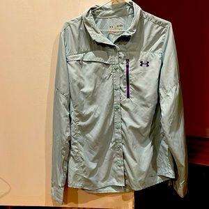 Under Armour, NWOT, aqua, sun/UPF, 2 zip pockets, mesh vents, 17” chest 25” L